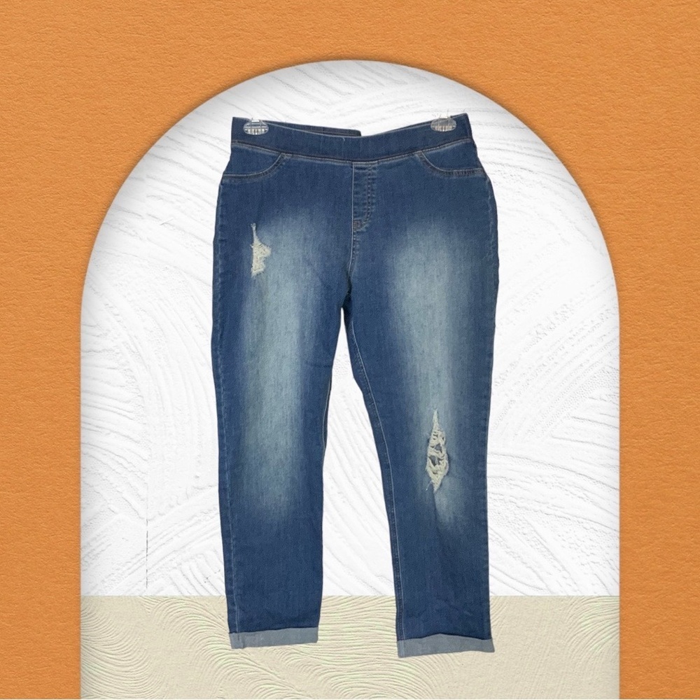 Unknown Brand Pull-On Elastic Band Ripped Cuffed Stretchy Jeans Wm L